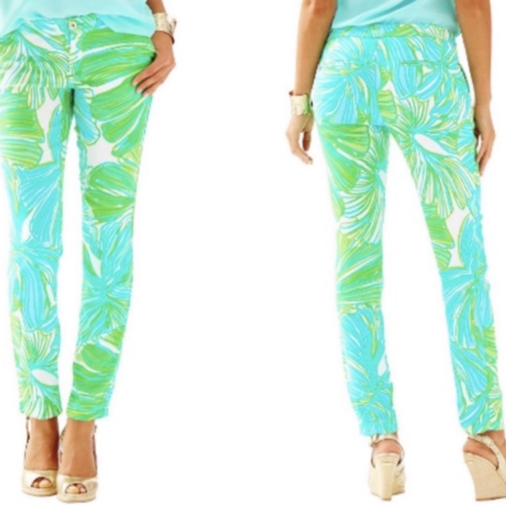 NWT Lilly Pulizer (Alina) Tropical Leaf Print Skinny Pants - Aqua & Lime S- 00